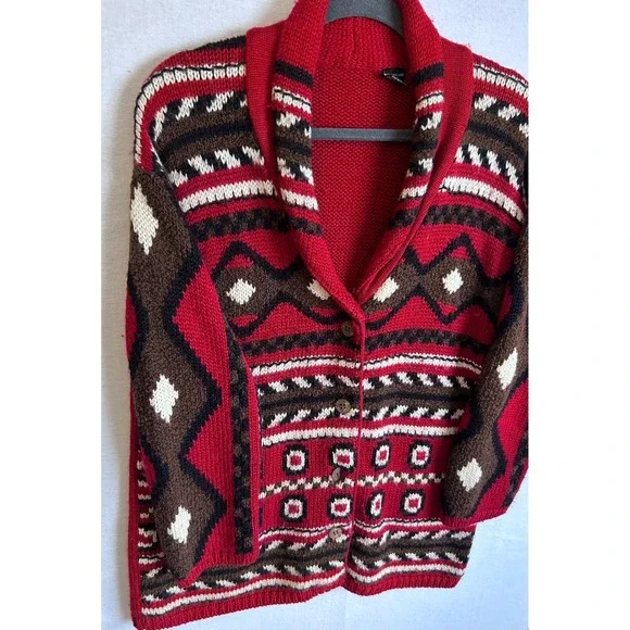 Vintage‎ Geometric Pattern Knit Cardigan Sweater Red Brown White Women SZ S/M - Picture 3 of 9